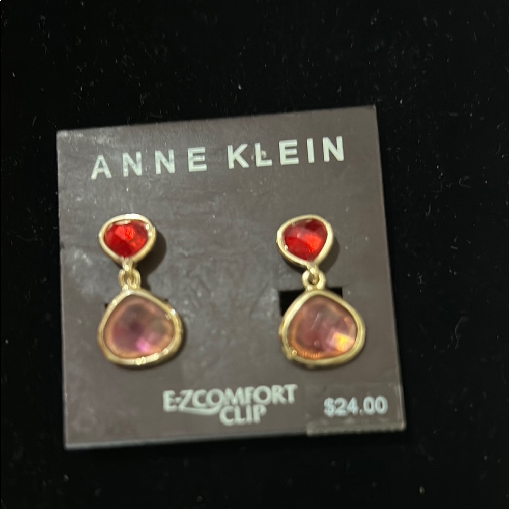 Anne Klein Gold Clip Earrings with Red and Pink Stones